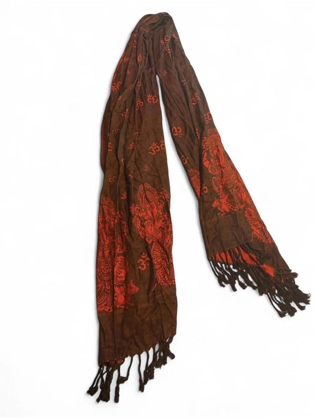 Brown & Orange Decorative Fringe Scarf with Ganesha Motif